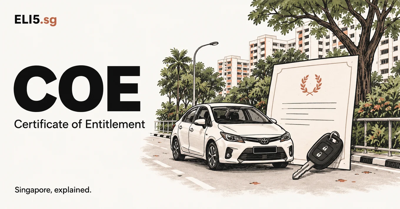 COE (Certificate of Entitlement) — Singapore, explained. Illustrated guide by ELI5.sg.